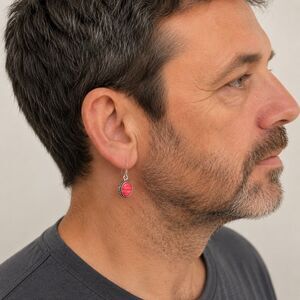 Balinese Style Coral Red Stone Drop Earrings in Silver Tone